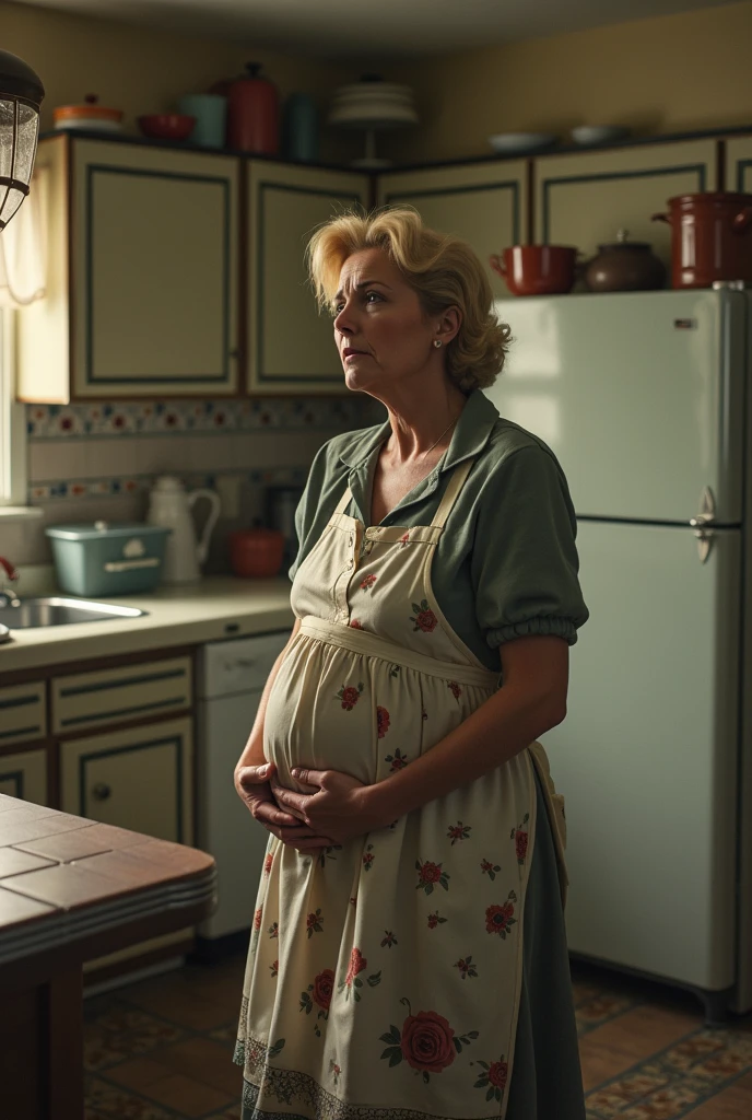 A blonde pregnant 1950's housewife crying in a vintage kitchen.