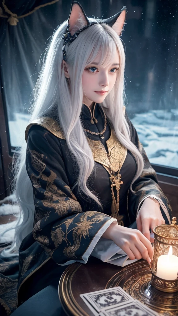 
(masterpiece, highest quality, highest quality, official art, beautiful and aesthetic: 1.2), (one girl: 1.3), wavy long hair, white hair, Cat ears on the head,highly detailed portrait, highly detailed hands, looking at the viewer, alone, (whole body: 0.6), detailed background, close, shining eyes, (cold arctic winter theme: 1.1), fortune teller, Charlatan, grin, Mysterious, sitting at the table, カラフルな肩のないゆるいジプシーfortune tellerの服, holy grail, tarot cards, Crystal jade, Medieval (inner tent: 1.1) background, tent curtain on background, dark Mysterious lighting, Shadow, magical atmosphere, starry night, dutch angle, healing and guidance, transcendental beauty, fractal art, Seaweed,