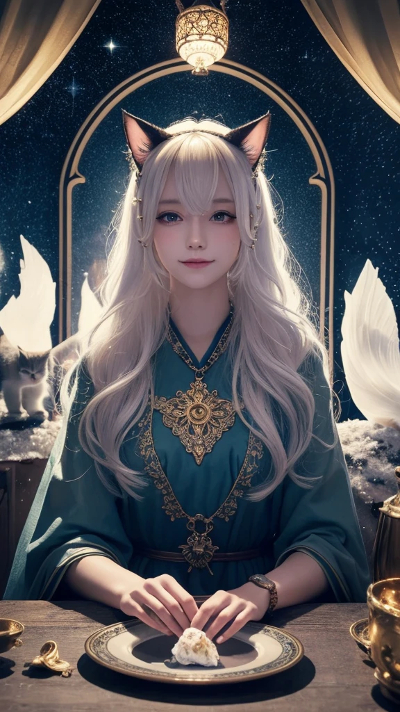 (masterpiece, highest quality, highest quality, official art, beautiful and aesthetic: 1.2), (one girl: 1.3), wavy long hair, white hair, Cat ears on the head,highly detailed portrait, highly detailed hands, looking at the viewer, alone, (whole body: 0.6), detailed background, close, shining eyes, (cold arctic winter theme: 1.1), fortune teller, Charlatan, grin, Mysterious, sitting at the table, カラフルな肩のないゆるいジプシーfortune tellerの服, holy grail, tarot cards, Crystal jade, Medieval (inner tent: 1.1) background, tent curtain on background, dark Mysterious lighting, Shadow, magical atmosphere, starry night, dutch angle, healing and guidance, transcendental beauty, fractal art, Seaweed,