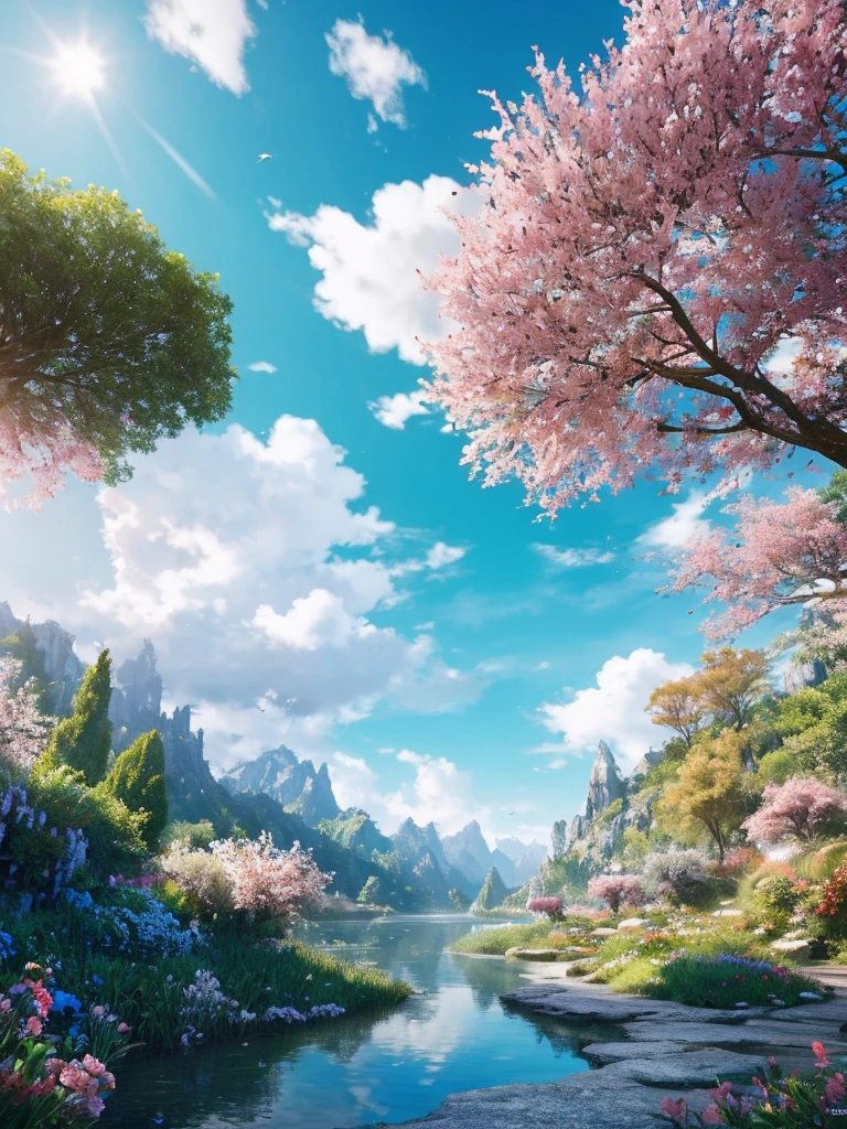 masterpiece, 最high quality, high quality,Very detailed CG unity 8k wallpaper, Enchanting and dreamy fantasy forest scenery, Seven-Colored Garden, Valley of the Fairies with a River Flowing Through It, Mysterious and fascinating, Sky Blue Sky, White dove flies, Complex, sunset, pastel colour, Award-winning photography, Written boundary depth, High resolution, bloom, chromatic aberration ,Realistic,Very detailed, White cloud, Trending on CGSociety, Complex, Attention to detail, dramatic, art：The middle of a journey