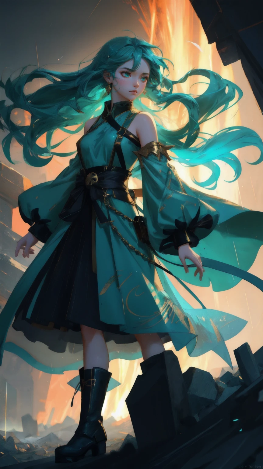 An adorable yet fierce anime heroine with flowing emerald locks bounds through a chaotic blue tempest. Her red, battle-worn attire flutters dramatically as she reaches for a shimmering coin. 'No-Coin No-Gain' blazes in 3D golden text above the turmoil. Rain streaks across the frame, mingling with flying fragments of tech and stone. Skull-like shapes lurk in the background debris. The overall atmosphere is intense and apocalyptic, emphasizing the struggle and importance of coin possession.