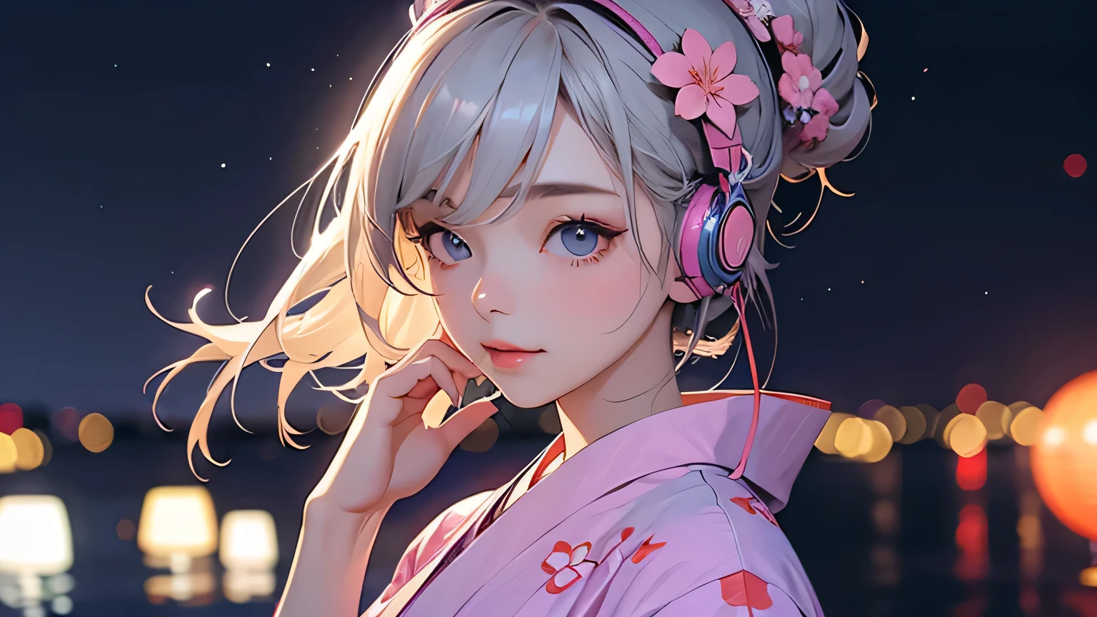 cute girl is wearing kimono and listening music with headphone background is beautiful sky at the night universe galaxy
