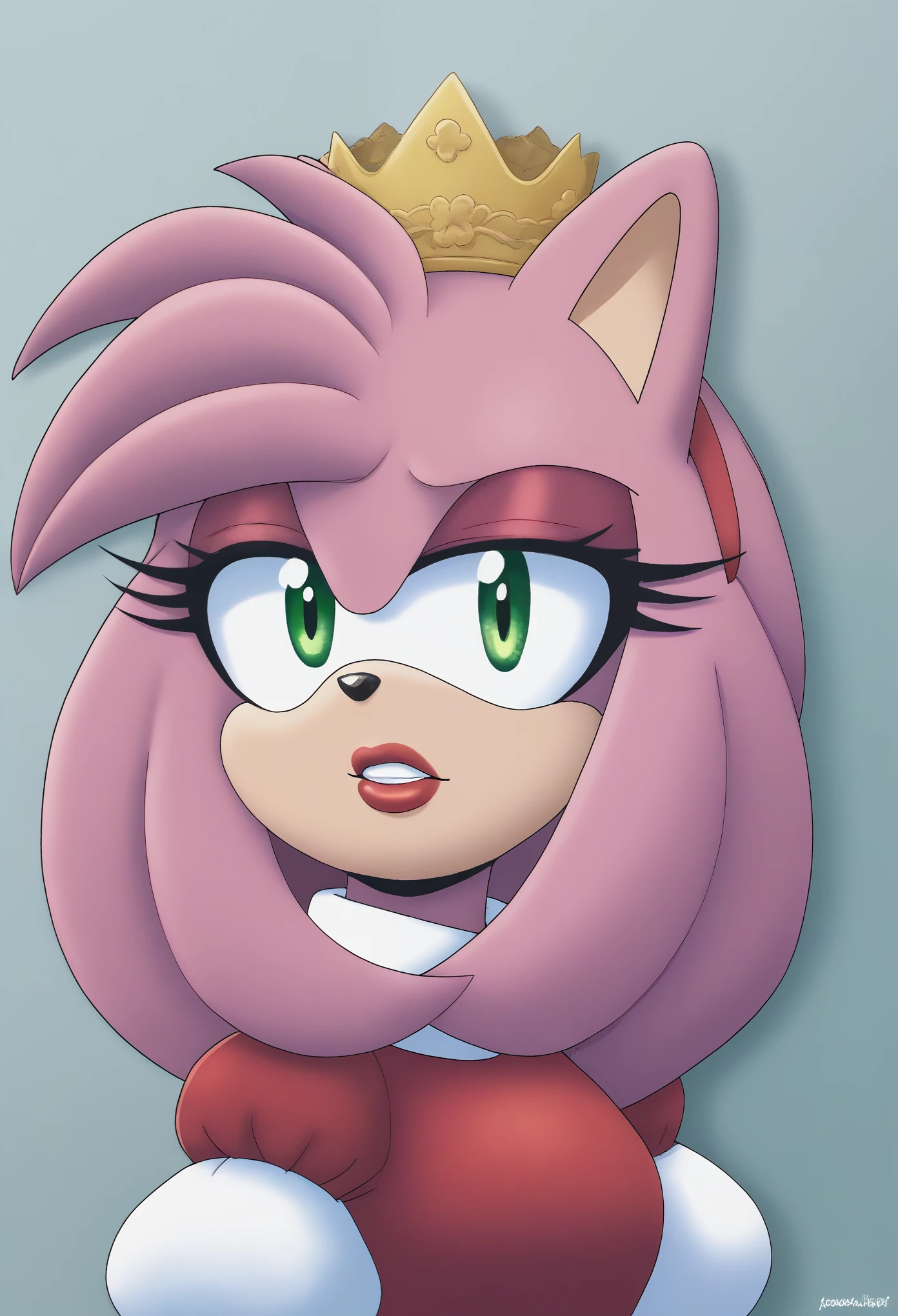 (1girl), (solo), Female Hedgehog, Amy Rose, Pink fur, long quills/hair, 3 large hair bangs, green eyes, slightly above average sized bust, milf, (dressed as a princess), gold crown, red dress, puffy sleeves, makeup, lipstick, eyelashes, puzzled expression, eyelids semi closed, daytime, mobian, mobius city
