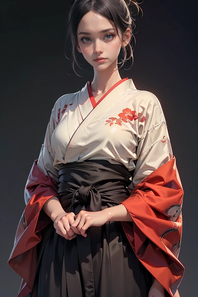 ((masterpiece, highest quality, Highest image quality, High resolution, photorealistic, Raw photo, 8K, Extremely detailed CG unified 8k wallpaper)), Samurai girl, black hair tied back, detailed beautiful face, detailed female hands, wearing red kimono and black hakama, posing in front of the camera, holding a Japanese katana, (simple background, dark background),