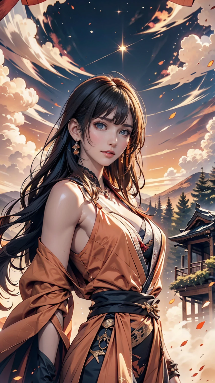 An angelic being without human affection, woman、Creator of the Universe, myth, The background of the image is, Heavenly Mountain Scenario, Orange Clouds. The image style should be cartoon-like, With powerful and impressive strokes, 登場人物にはmythや天使の要素が加わっている