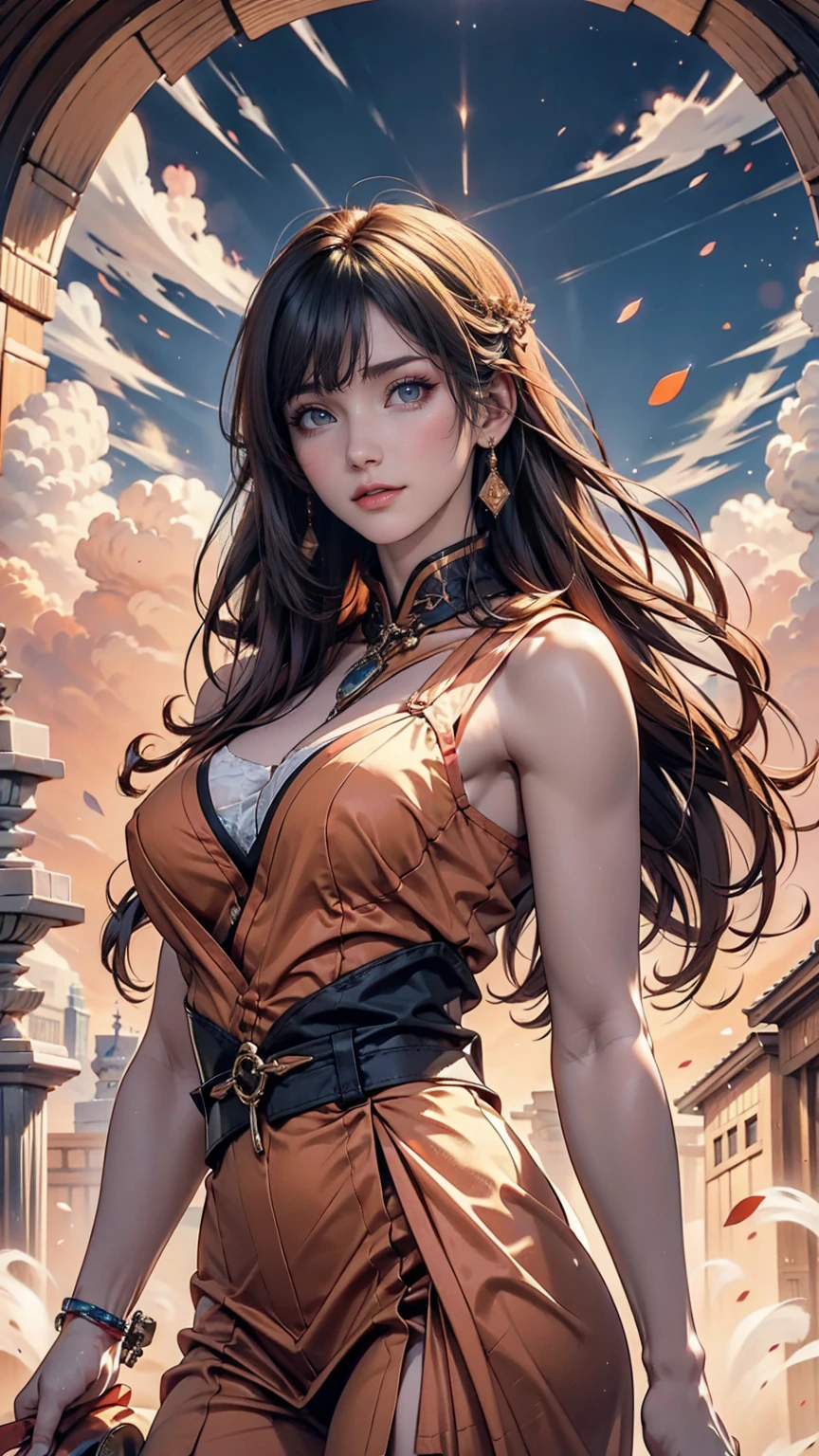 An angelic being without human affection, woman、Creator of the Universe, myth, The background of the image is, Heavenly Mountain Scenario, Orange Clouds. The image style should be cartoon-like, With powerful and impressive strokes, 登場人物にはmythや天使の要素が加わっている