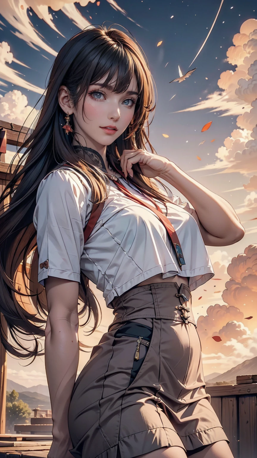 An angelic being without human affection, woman、Creator of the Universe, myth, The background of the image is, Heavenly Mountain Scenario, Orange Clouds. The image style should be cartoon-like, With powerful and impressive strokes, 登場人物にはmythや天使の要素が加わっている