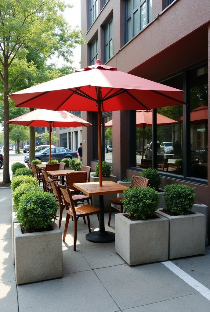 outdoor dining in three parking spaces with two umbrellas and as a windbreak square stone pots close together with not so tall plants inside in U shape should be on the street 