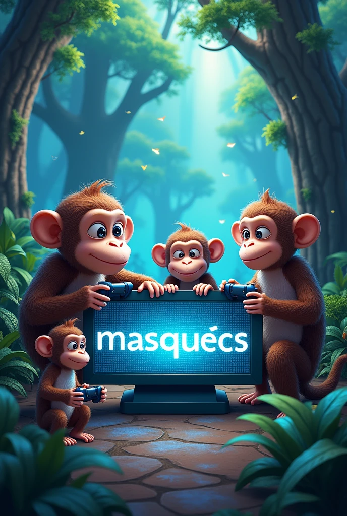 Create an image with the name "MASQUEICS" on the screen and with several gamer monkeys in the image and a forest in the background