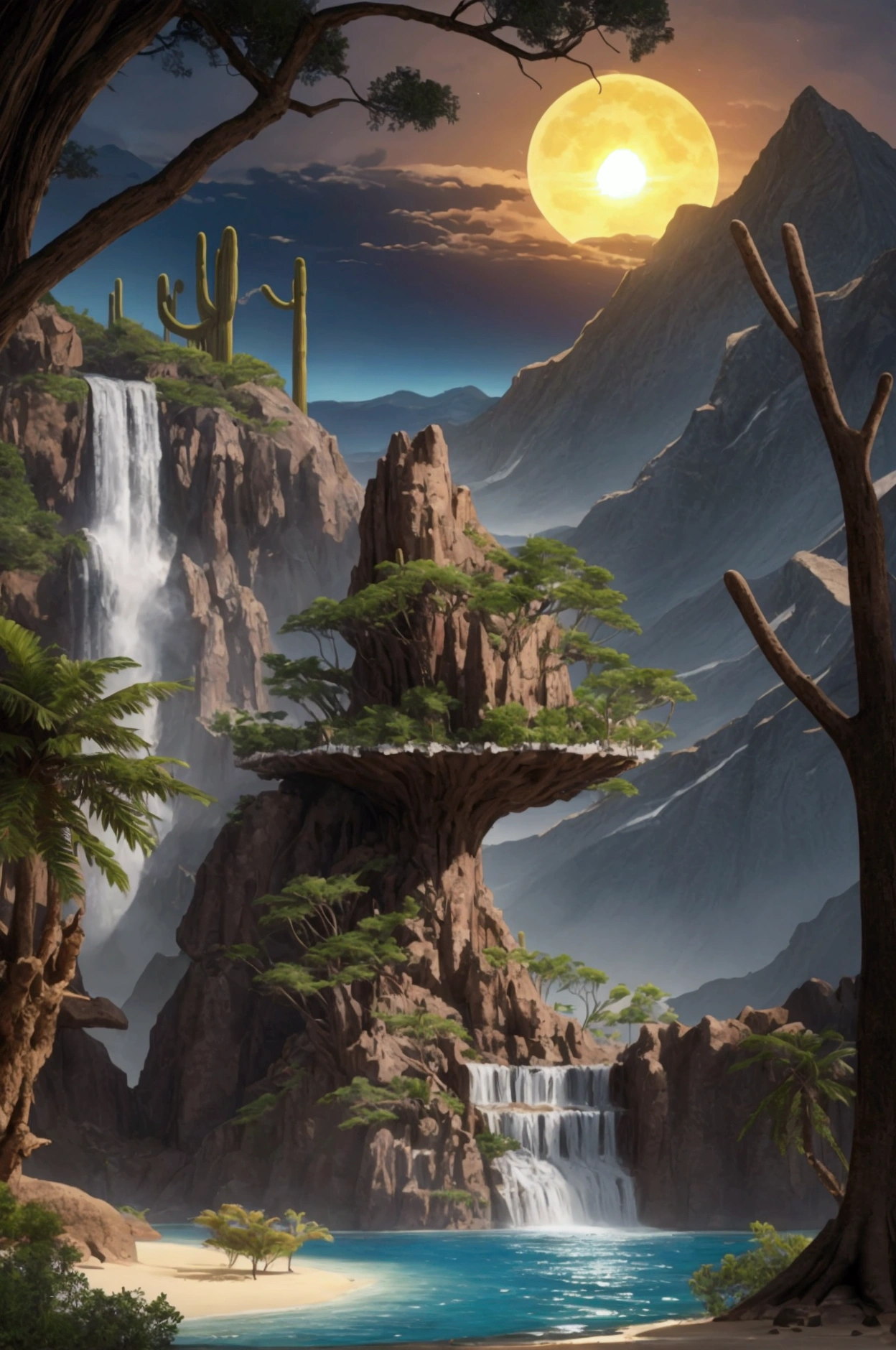 desert island surrounded by trees and mountains. waterfall sun full moon storms. merged 