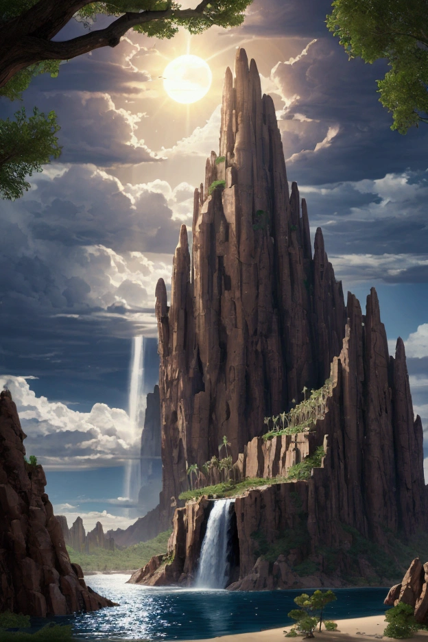 desert island surrounded by trees and mountains. waterfall sun full moon storms. merged 