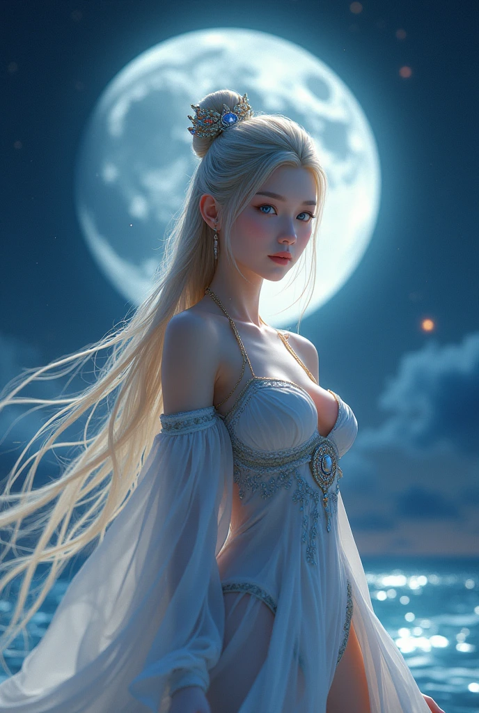 unparalleled masterpiece, ultra realistic 8k CG,masterpiece,3D,(delicate photograph,ultra_detailed,16k,raw photo:1.3),(realistic:1.9,photorealistic:1.9), 1 ancient Chinese girl ,standing under the moon,looking at viewer, solo,(full body),blue eyes,alone,very long hair,blonde hair,hair ornament, sleeveless, off shoulder dress,sideless dress,sideboob,huge breasts,barefoot,thighlet, armlet,starry sky,fantasy,