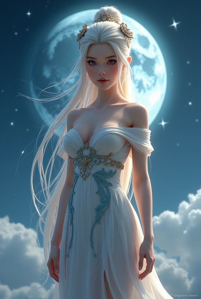 unparalleled masterpiece, ultra realistic 8k CG,masterpiece,3D,(delicate photograph,ultra_detailed,16k,raw photo:1.3),(realistic:1.9,photorealistic:1.9), 1 ancient Chinese girl ,standing under the moon,looking at viewer, solo,(full body),blue eyes,alone,very long hair,blonde hair,hair ornament, sleeveless, off shoulder dress,sideless dress,sideboob,huge breasts,barefoot,thighlet, armlet,starry sky,fantasy,