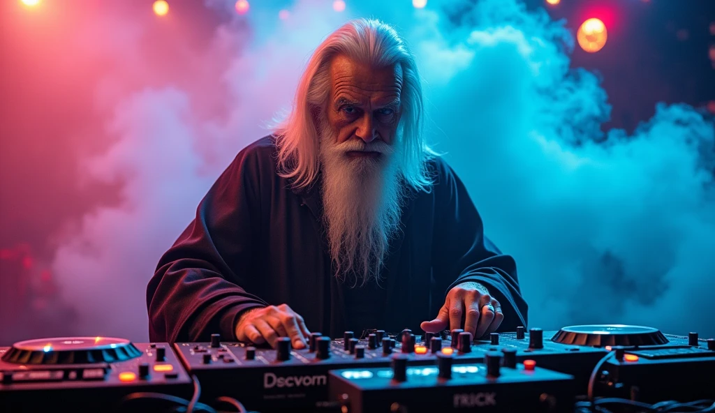 a DJ Albus Dumbledore controlling a mixing board, edm, in the background colored smoke, 2k image, scenographic