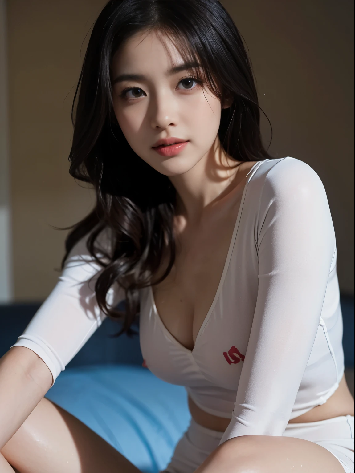 1 woman、Korean、Korean nude、nipple, nipple sticker ,cyberpunk suit、latex miniskirt, smooth rubber、tight suit、chest chuck、intricate details、high quality、(upscale:1.4)、Staring at me、ultra realistic 8k、Perfection face、perfection、clean、masterpiece、professional artwork、famous works、Perfection face、beautiful expression、beautiful eyes、short black hair、high heels、wet hair、very big breasts、best image quality、natural background、(focus on chest)、No pants, (RAW Photography:1.2)、top-quality、white, a beautiful detailed girl、tight water suit、latex wet suit, a smile、Twin-tailed、extremely detailed eye and face、beatiful detailed eyes、huge filesize、hight resolution、hight resolution、8k wallpapenely detail、Highly detailed ticker uniform 8k wallpaper、Light on the face、movie lighting、、sexy pose、(photorealisim:1.4)、illustratio、surrealism、 frombelow、super detailing、masterpiece