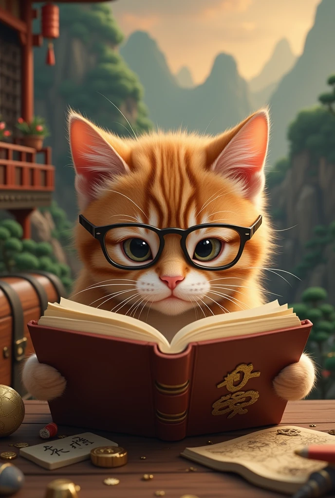 A brown cat is reading a book seriously,Wear glasses,Mathematical formulas appear in treasure chests,Background Chinese style,Mountains and Rivers,There is a treasure chest in the background,Astronomical formulas appear