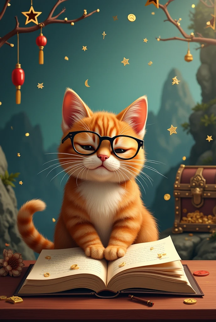 A brown cat is reading a book seriously,Wear glasses,Mathematical formulas appear in treasure chests,Background Chinese style,Mountains and Rivers,There is a treasure chest in the background,Astronomical formulas appear
