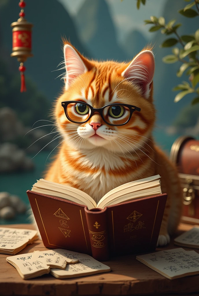 A brown cat is reading a book seriously,Wear glasses,Mathematical formulas appear in treasure chests,Background Chinese style,Mountains and Rivers,There is a treasure chest in the background,Astronomical formulas appear