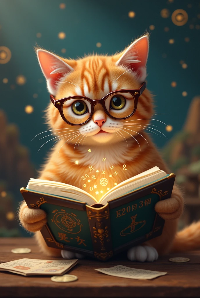 A brown cat is reading a book seriously,Wear glasses,Mathematical formulas appear in treasure chests,Background Chinese style,Mountains and Rivers,There is a treasure chest in the background,Astronomical formulas appear