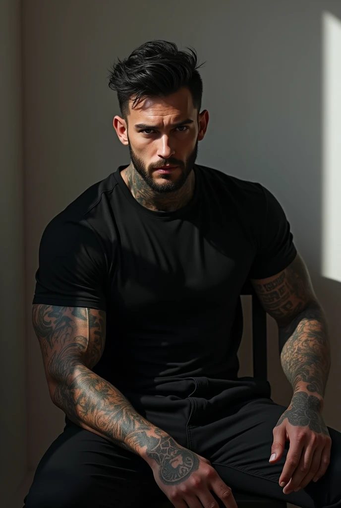 Muscle man,grey eyes,black hair formal medium smile sexy tall tattooed hands mysterious aura, quite handsome bearded man , vestindo camiseta preta