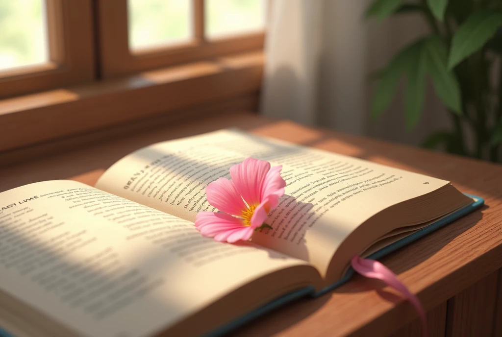 an open book on a table with a pink flower on top of the pages, the place is lit by the light from the window