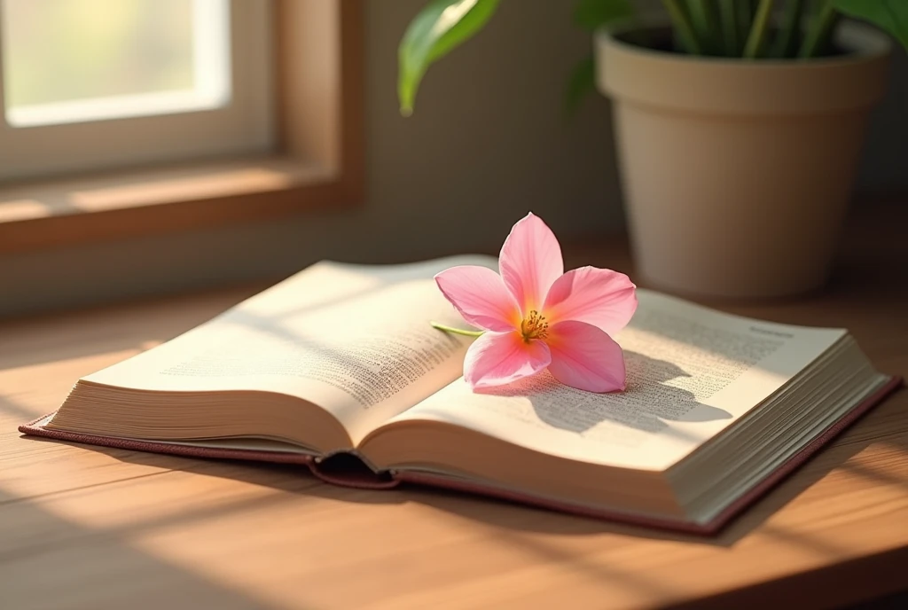 an open book on a table with a pink flower on top of the pages, the place is lit by the light from the window