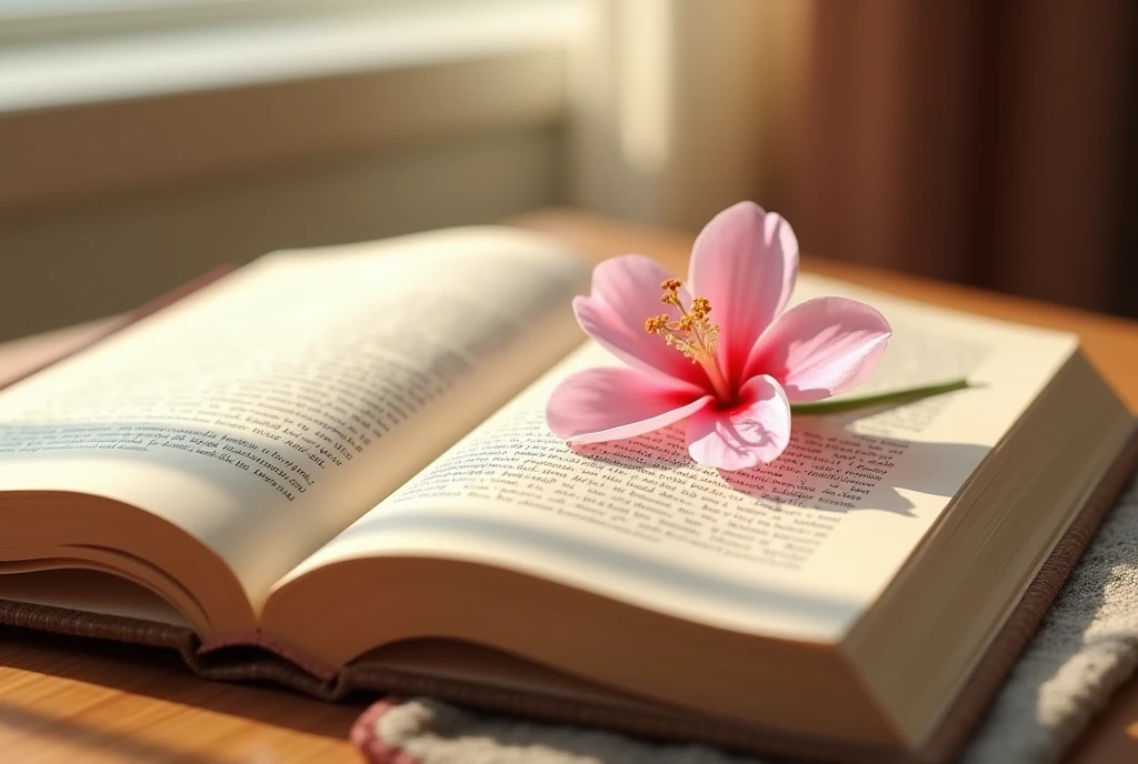 an open book on a table with a pink flower on top of the pages, the place is lit by the light from the window