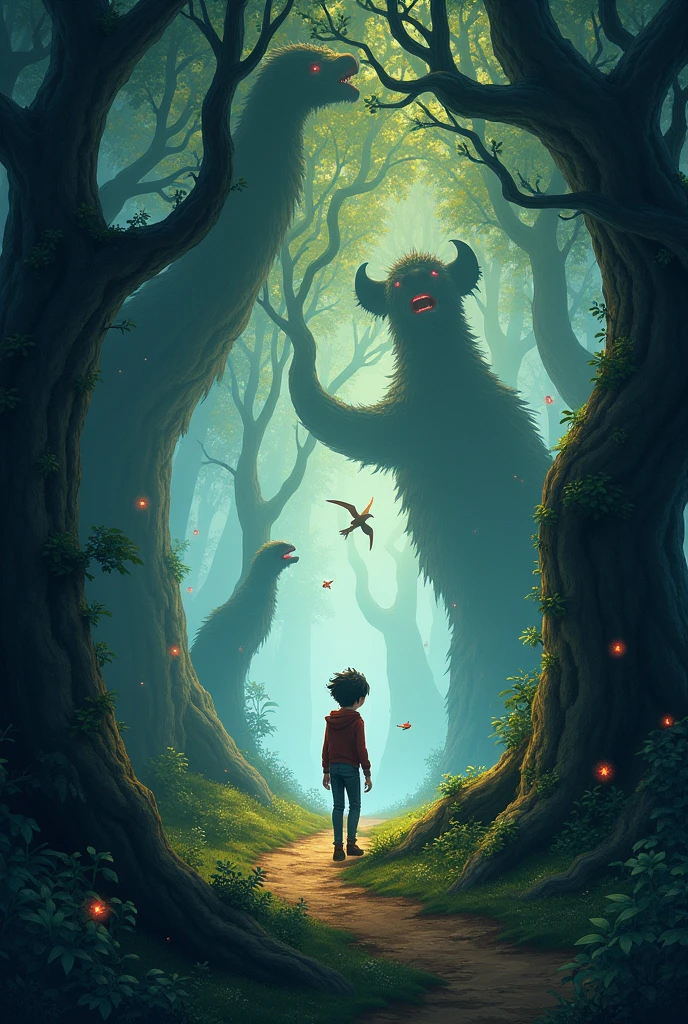 Further ahead, Leo found a dark forest full of trees that talked and moved. The trees tried to grab him, but Leo was very fast and brave. He asked the birds of the forest for help, who guided him through a secret path to the other side.