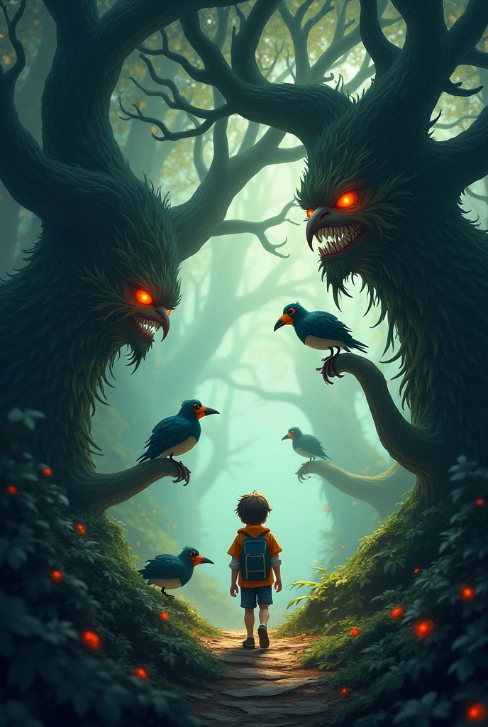 Further ahead, Leo found a dark forest full of trees that talked and moved. The trees tried to grab him, but Leo was very fast and brave. He asked the birds of the forest for help, who guided him through a secret path to the other side.
