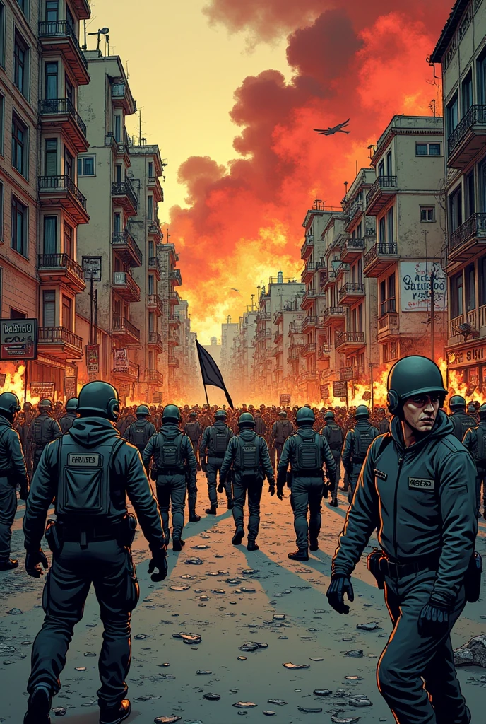 A country in turmoil, with images of protests, fights and deaths, comic format