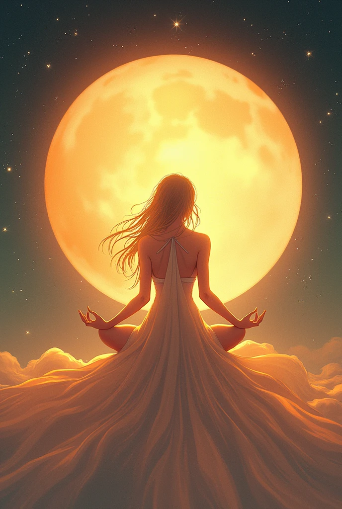 Femme assise sur le soleil complet jambes ouvertes, mysterious and pure, the moon appears behind her,, Anime style 