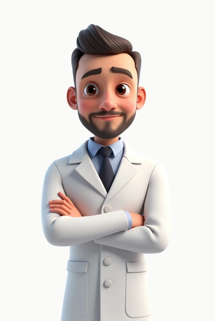 create a 3d pixar-style portrait image with a clean look and white background of a 45 year old man,
with trimmed beard, not smiling, skin fair, dark and small eyes,
shorth hair, smooth back, white labcoat, big forehead, with her thumb up