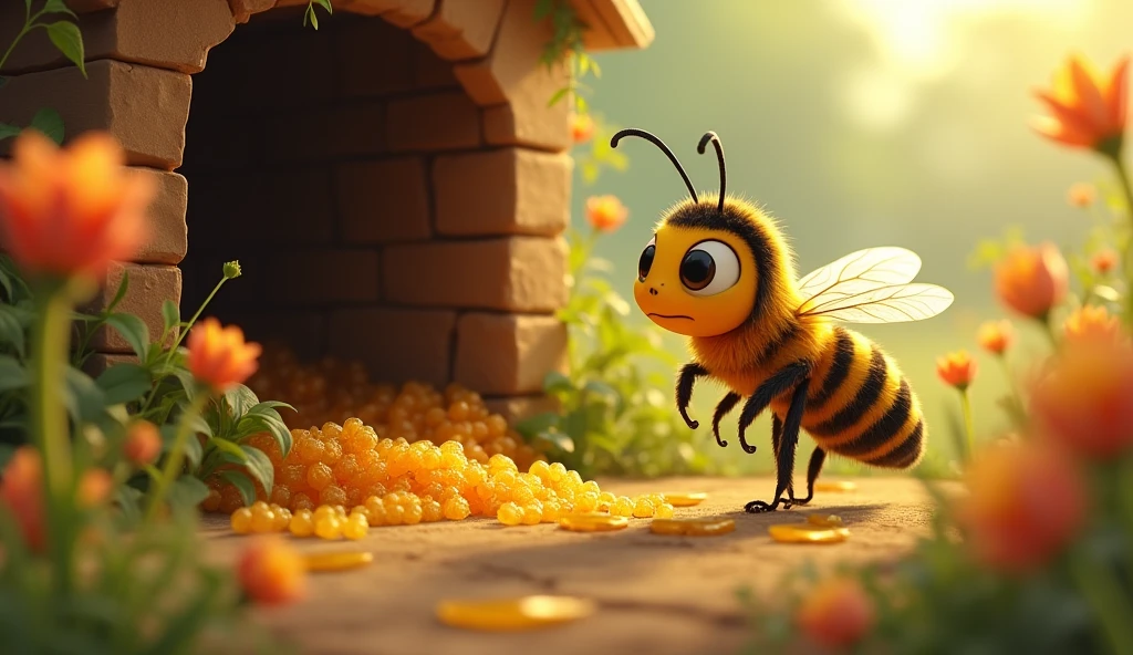 The Brave Little Bee buzzed anxiously around his hive, searching for the sweet honey he had carefully stored. To his dismay, he discovered that the honey, which was usually glistening in its hive, had been stolen. The once-full honeycomb was now empty, leaving only the empty frames behind. The bee's small wings fluttered with concern as he realized that someone had taken the precious honey.
The scene should capture the bee's look of determination and concern as he examines the empty hive. Include subtle hints of the thief's presence, such as footprints or a trail leading away from the hive. The background should be a detailed, colorful meadow or garden setting, enhancing the sense of loss and the beginning of a new adventure to retrieve the stolen honey.