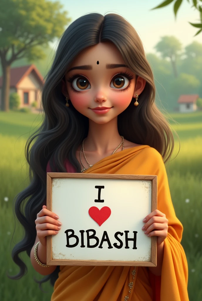 Beautiful girl with wavy long hair,big eyes , bindi on head ,simple sari dress, holding a white board with text "I Love Bibash"in capital and showing it to the viewer. Back ground should be a greenaery with simple beautiful house

