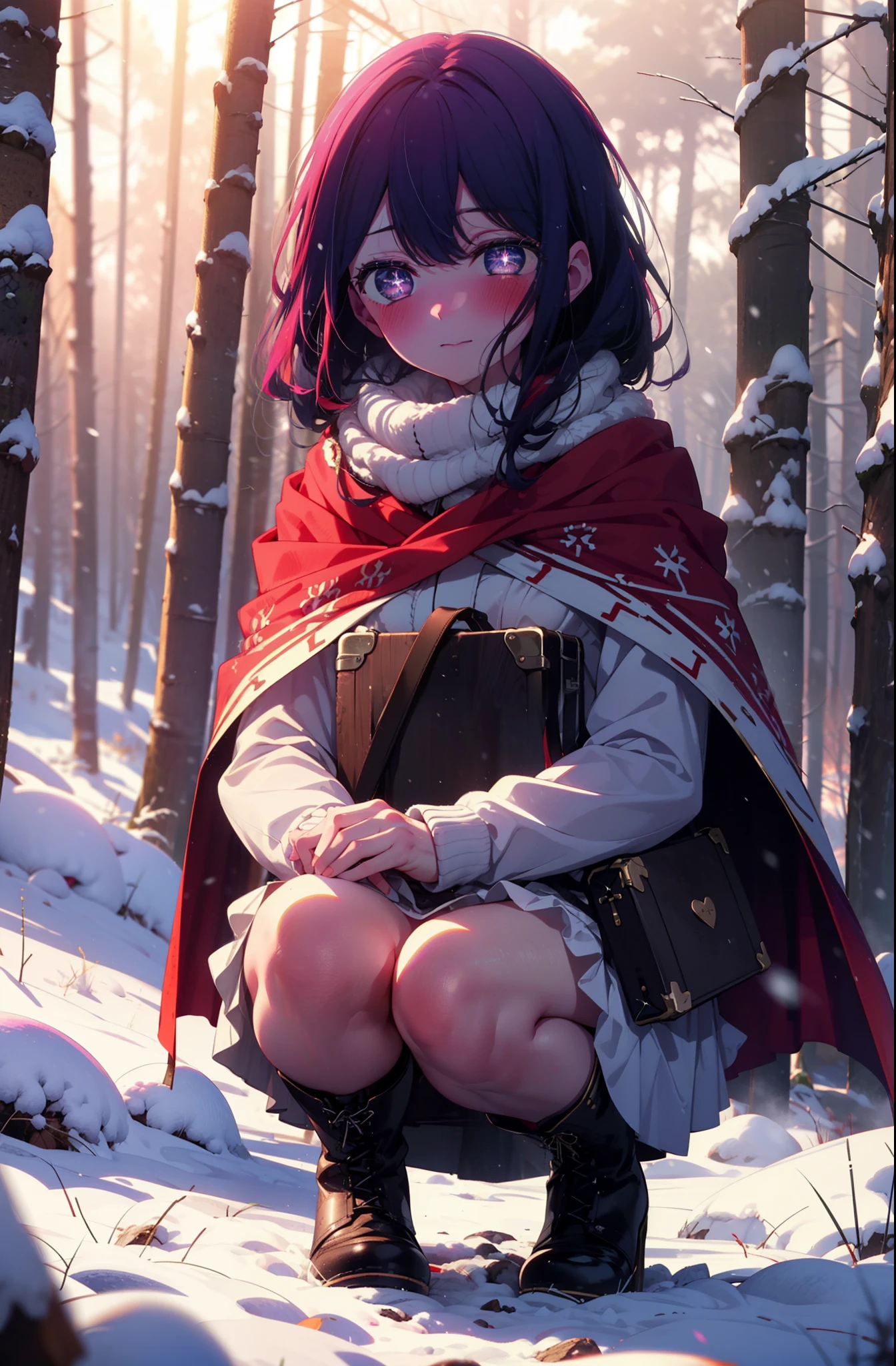 aihoshino, Ai Hoshino, Long Hair, bangs, (Purple eyes:1.1), Purple Hair, (Symbol-shaped pupil:1.5), smile,,smile,blush,white breath,
Open your mouth,snow,Ground bonfire, Outdoor, boots, snowing, From the side, wood, suitcase, Cape, Blurred, , forest, White handbag, nature, Squat, Mouth closed, Cape, winter, Written boundary depth, Black shoes, red Cape break looking at viewer, Upper Body, whole body, break Outdoor, forest, nature, break (masterpiece:1.2), Highest quality, High resolution, unity 8k wallpaper, (shape:0.8), (Beautiful and beautiful eyes:1.6), Highly detailed face, Perfect lighting, Highly detailed CG, (Perfect hands, Perfect Anatomy),