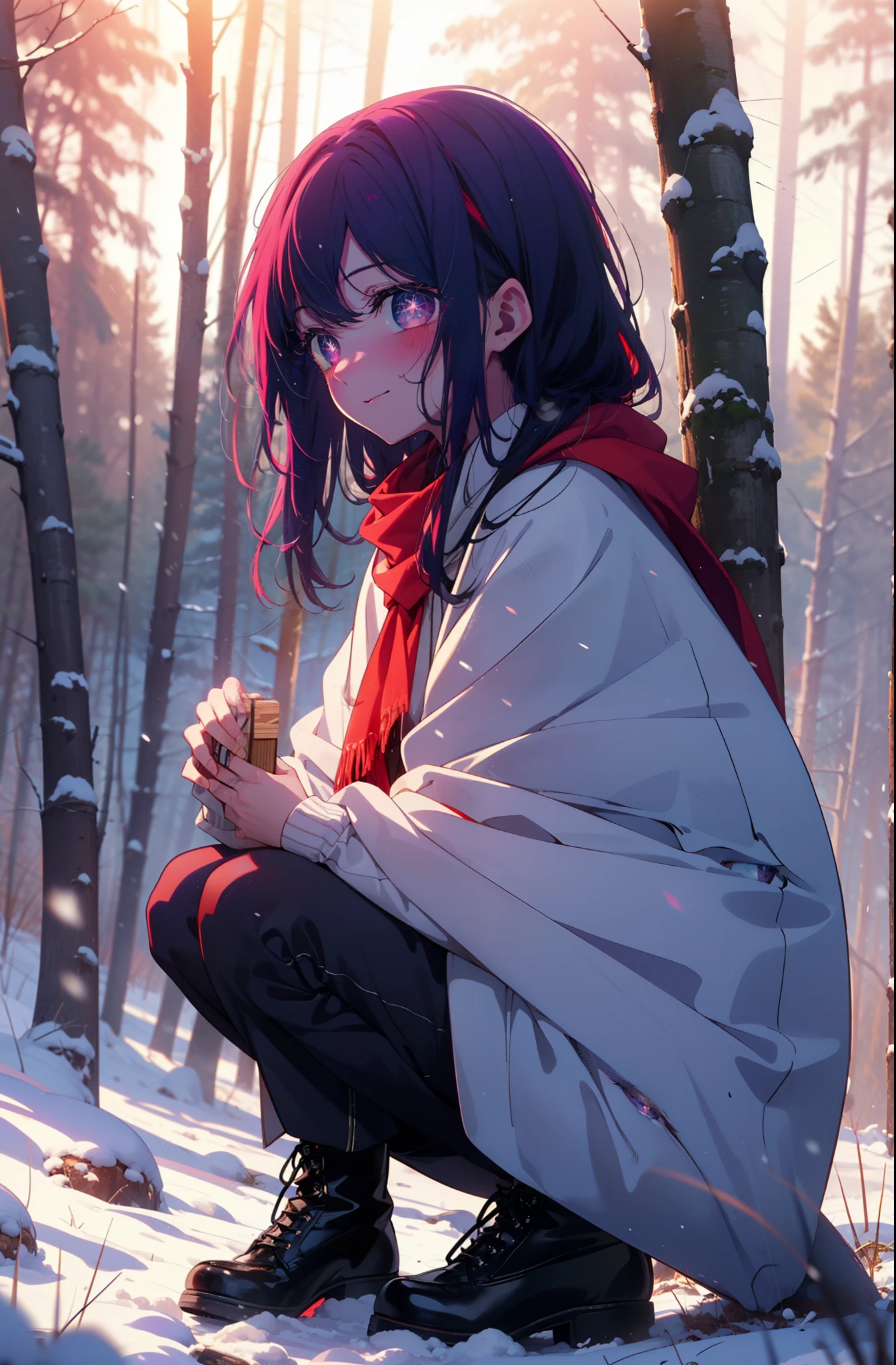 aihoshino, Ai Hoshino, Long Hair, bangs, (Purple eyes:1.1), Purple Hair, (Symbol-shaped pupil:1.5), smile,,smile,blush,white breath,
Open your mouth,snow,Ground bonfire, Outdoor, boots, snowing, From the side, wood, suitcase, Cape, Blurred, , forest, White handbag, nature, Squat, Mouth closed, Cape, winter, Written boundary depth, Black shoes, red Cape break looking at viewer, Upper Body, whole body, break Outdoor, forest, nature, break (masterpiece:1.2), Highest quality, High resolution, unity 8k wallpaper, (shape:0.8), (Beautiful and beautiful eyes:1.6), Highly detailed face, Perfect lighting, Highly detailed CG, (Perfect hands, Perfect Anatomy),