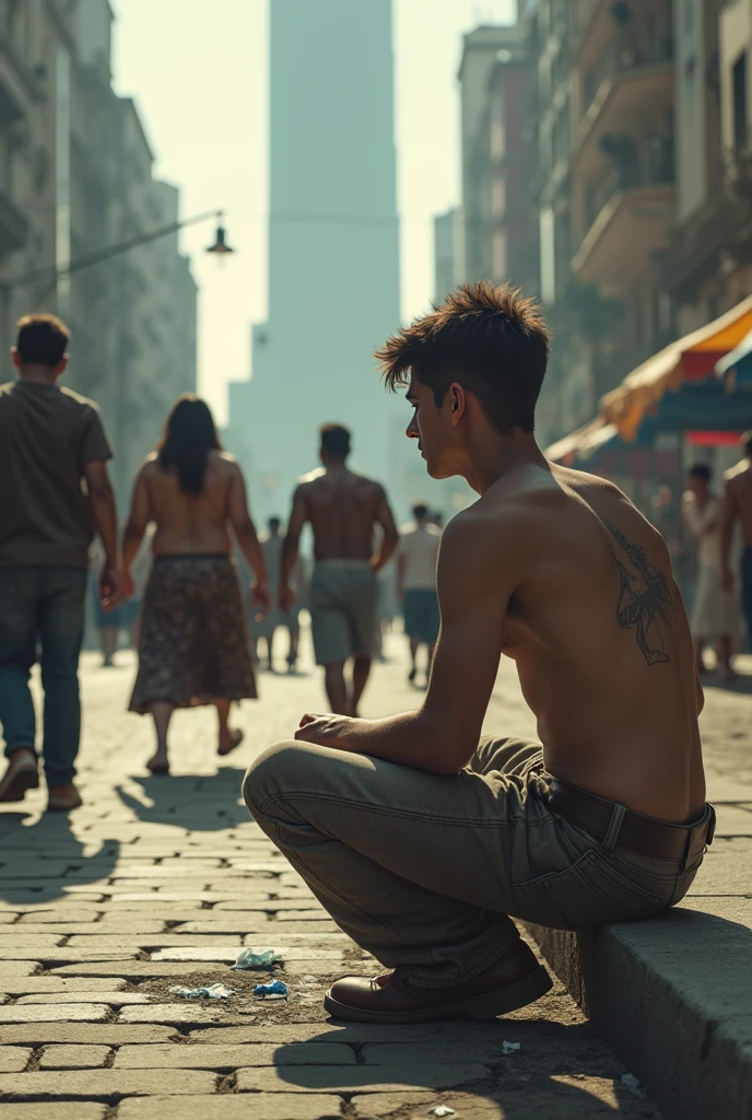 A young man thats poor sitting watching the world around him or muscular attractive people he wishs he had help