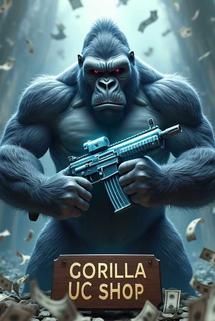 Create a picture of a gorilla, with money in the air background, which holds in each hand an M416 made of ice that crosses, and at the bottom a plaque with the words GORILLA UC SHOP