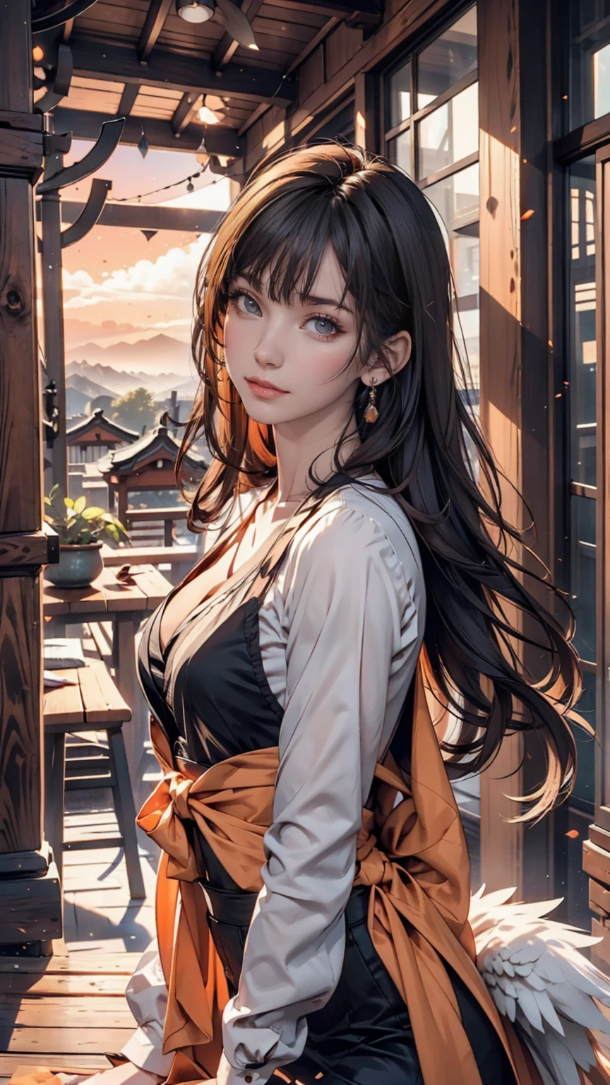 An angelic being without human affection, woman、Creator of the Universe, myth, The background of the image is, Heavenly Mountain Scenario, Orange Clouds. The image style should be cartoon-like, With powerful and impressive strokes, 登場人物にはmythや天使の要素が加わっている