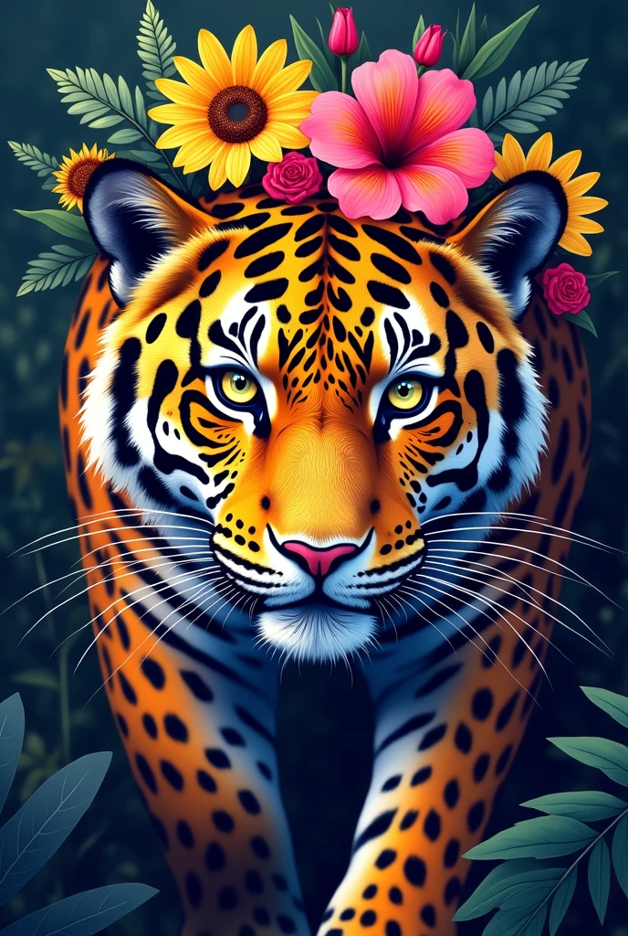 Create a fantastic Amazonian jaguar. A mix of jaguar and tiger,leopard spots on the face, flowers in the head, sunflower, lilies, daisy, roses, color full, rainbow colours,spectacular, vibrant, no signature, no watermark