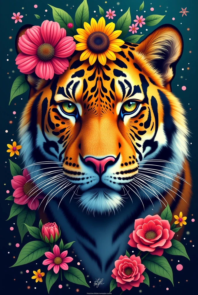 Create a fantastic Amazonian jaguar. A mix of jaguar and tiger,leopard spots on the face, flowers in the head, sunflower, lilies, daisy, roses, color full, rainbow colours,spectacular, vibrant, no signature, no watermark