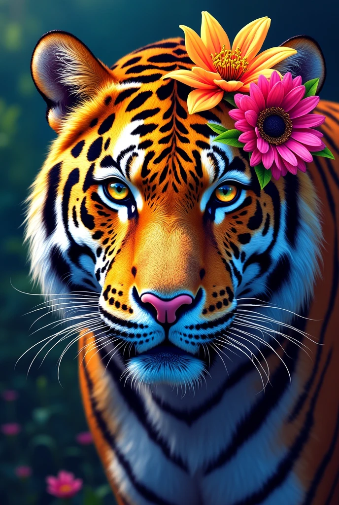 Create a fantastic Amazonian jaguar. A mix of jaguar and tiger,leopard spots on the face, flowers in the head, sunflower, lilies, daisy, roses, color full, rainbow colours,spectacular, vibrant, no signature, no watermark