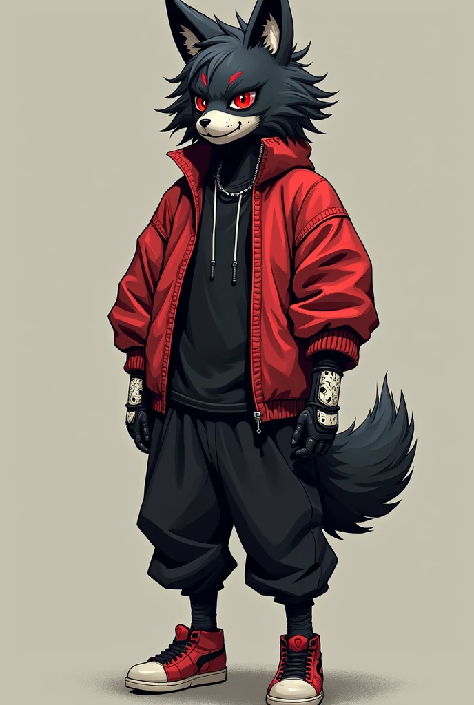 messy black fur, He has a mark on his right cheek that reaches to his eyelid., He wears a Kitsune mask to hide his face., He wears a red jacket with a black shirt, black gloves covered by white iron plates with some crack details painted in black, black pants with red sneakers