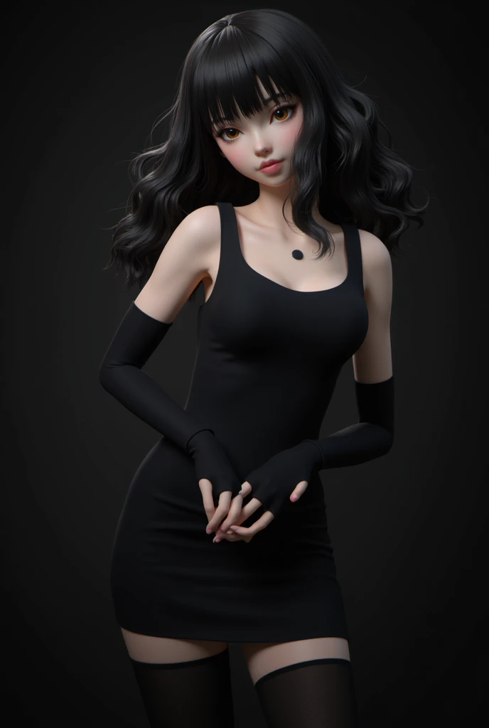 I want a 3D image,The picture is of Misa Amane from Death Note,She has curly hair and bangs,, Black hair and brown eyes, Holding in hand,Wearing a black dress,Black tights on arms , On a dark background