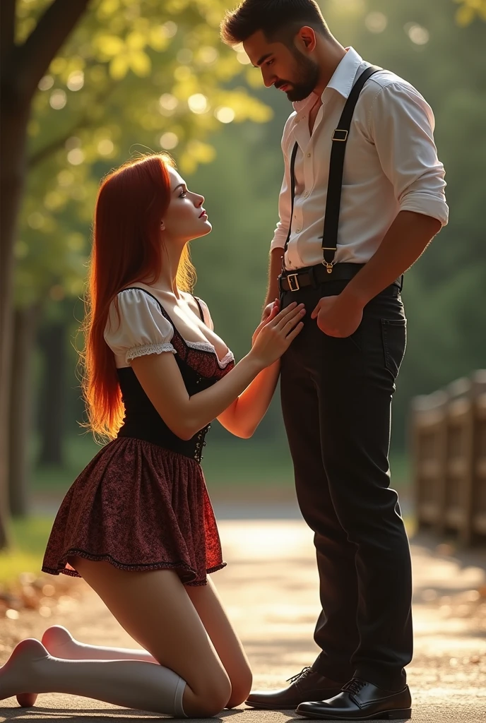 POV of a standing tall man, ultra realistic, photography, long straight red hair, (24 years old, hourglass figure, perfect body, natural medium breasts), seductive look, wearing a tight Dirndl dress with a nice cleavage, she is wearing white thigh high stockings, wearing a tight Dirndl dress with a nice cleavage, she is wearing white thigh high stockings, on a sunny day, posing sexy, she is kneeling in front of a tall man, point of viev of a man standing before her, she is looking up into the camera, she is touching his pants with her hands, she is very close to his pants, she is unbuckling his belt