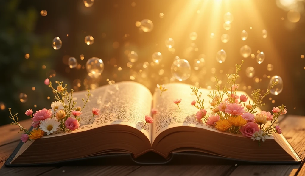 "開かれたThe Bible表面に置かれている詳細な画像を作成する, Golden light radiates from the pages. The light softly illuminates the surroundings., and delicate Flowers of various colors should appear to be growing out of the Bible, Intertwined with light. Fantastic bubbles gently fly around, Add life and movement to your scene. The background should be subtle, The Bible, Flowers, Make the bubbles the main focus of the image."