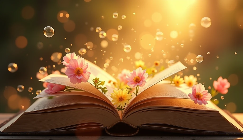 "開かれたThe Bible表面に置かれている詳細な画像を作成する, Golden light radiates from the pages. The light softly illuminates the surroundings., and delicate Flowers of various colors should appear to be growing out of the Bible, Intertwined with light. Fantastic bubbles gently fly around, Add life and movement to your scene. The background should be subtle, The Bible, Flowers, Make the bubbles the main focus of the image."