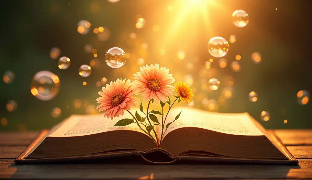 "開かれたThe Bible表面に置かれている詳細な画像を作成する, Golden light radiates from the pages. The light softly illuminates the surroundings., and delicate Flowers of various colors should appear to be growing out of the Bible, Intertwined with light. Fantastic bubbles gently fly around, Add life and movement to your scene. The background should be subtle, The Bible, Flowers, Make the bubbles the main focus of the image."