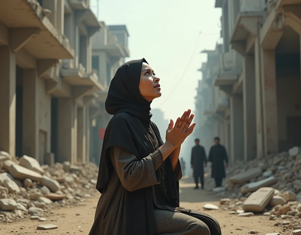 (photorealism:1.2), INDONESIAN WOMAN IN MUSLIM CLOTHES AND SWEET FACE LOOKING TO THE SKY AND SITTING ON KNEE WHILE PRAYING RAISING BOTH OPEN HANDS UP, IN A PALESTINIAN CITY IN THE MIDDLE OF DAMAGED BUILDINGS AND BEHIND THERE IS AN ISRAELI CHARGE