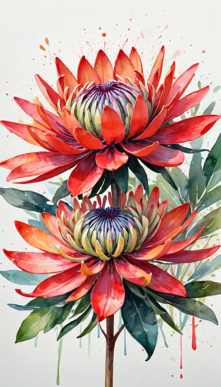 A single delicate and colorful bloom of the Waratah flower, centered, illustration design, flat design, Styles watercolor and ink splashes, detailed strokes, vibrant shades bright color palette, watercolor splashes, flat design, ethereal,4k